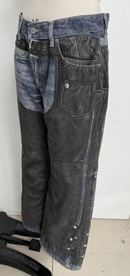 Faux deux pièces Illusion Jeans droit coupé avec patchwork d'impression numérique d'inspiration vintage